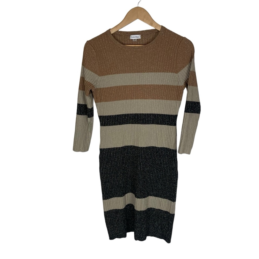 Calvin‎ Klein Women's Black and Tan Metallic Striped Ribbed Sweater Dress Size M